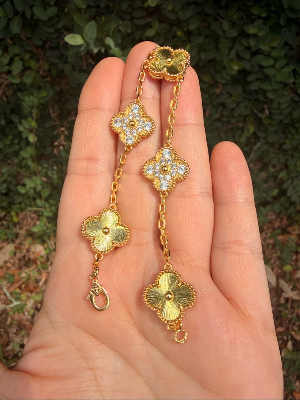 Gold-Tone Floral Clover Link Bracelet with Crystal Accents - Picture 2 of 5